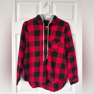 Red and Black Buffalo Plaid Flannel Hooded Shirt
